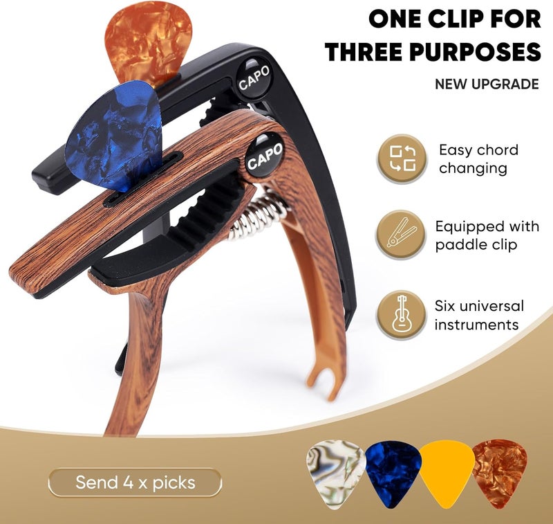 Aarvi Guitar Capo 6-String for Acoustic & Electric Guitars - Universal Clamp with 4 Premium Picks - Compatible with Ukulele, Banjo, Mandolin(Rosewood+Black) - Image 2
